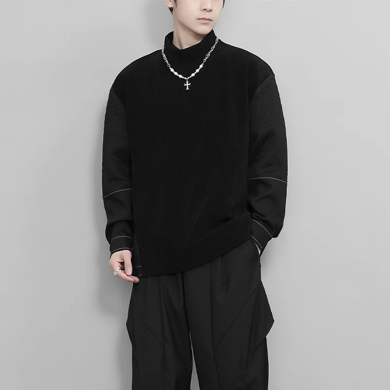 

Original Design Dark Style Men's Trendy Multi-Texture Patchwork Stitch Mock Neck Black Long Sleeve Casual Fashion Sweatshirt Top