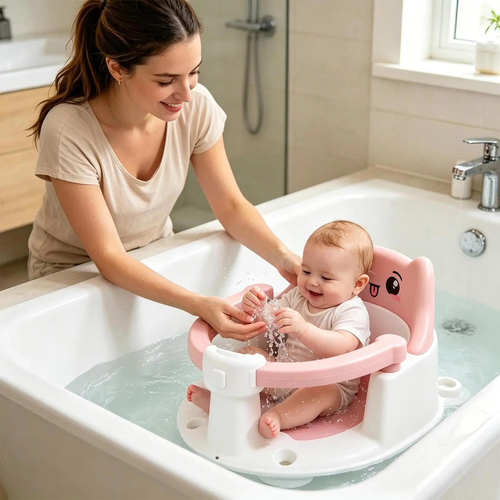 Kids Bath Seat Non-Slip Suction Cup Shower Stool Bath Support Chair With Armrests Bear Backrest For Up To 6 Months Boys Girls