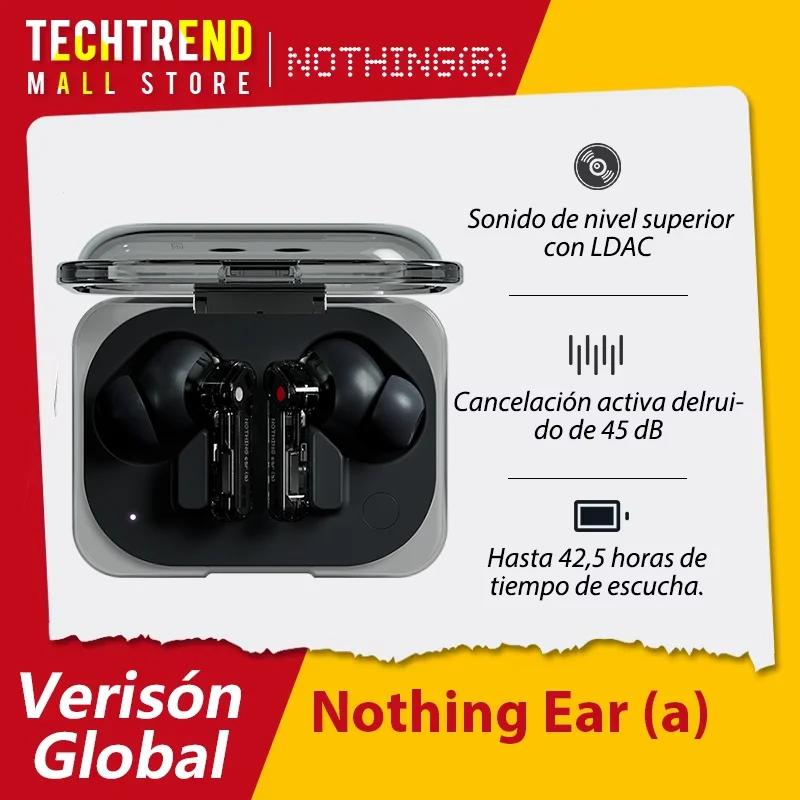 Nothing Ear (a) Cancelación activa de ruido de 45 dB Controlador dinámico de 11 mm Hasta 42,5 horas de escucha Sonido de siguiente nivel con LDAC