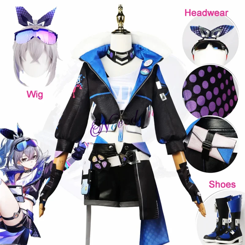 Jogo honkai estrela ferroviário lobo de prata cosplay traje peruca uniforme de cabelo casaco botas sapatos óculos prop festa de halloween roupa feminina bs