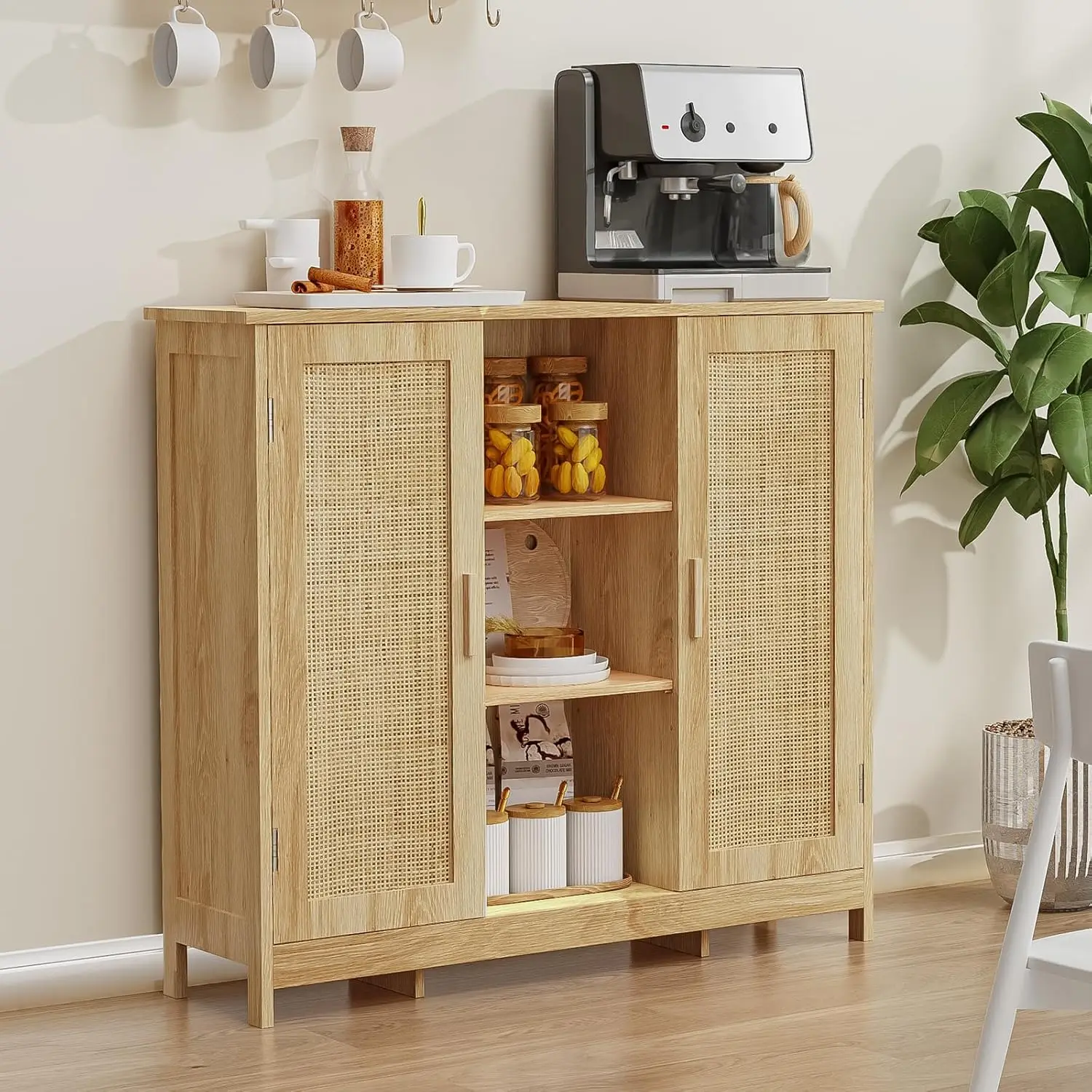 Iwell Storage Cabinet, Rattan Cabinet with 4 Adjustable Shelves, Bathroom Floor Cabinet, Sideboard Buffet Cabinet,