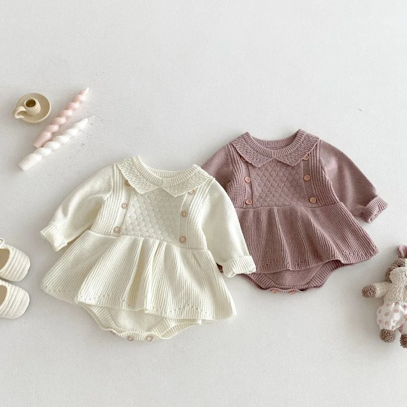 

HoneyCherry Baby Girls Clothes Peter Pan Collar Knit Bodysuits Ruffle Infant Girls Knitwear Toddler Sweater One Piece