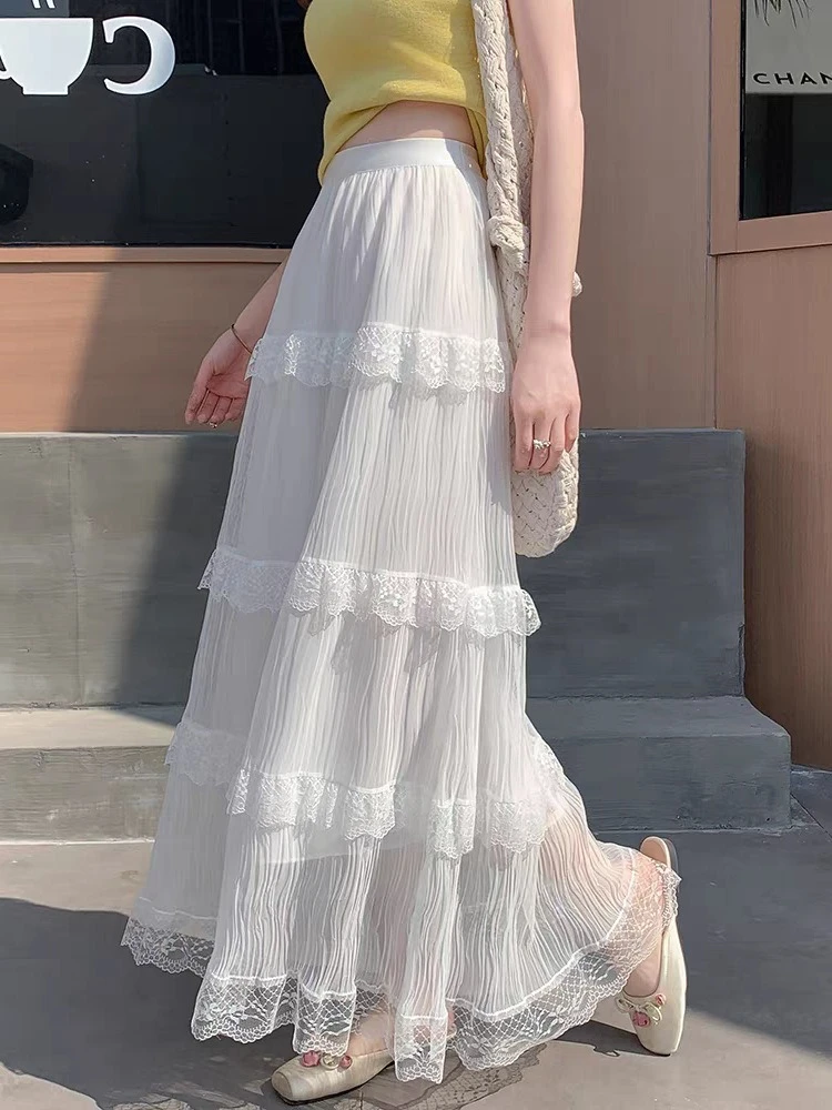 Gonna torta bianca Elegante dolce lungo oversize 2025 Estate Nuovo abito a mezza lunghezza a strati di pizzo a vita alta elastico a trapezio femminile