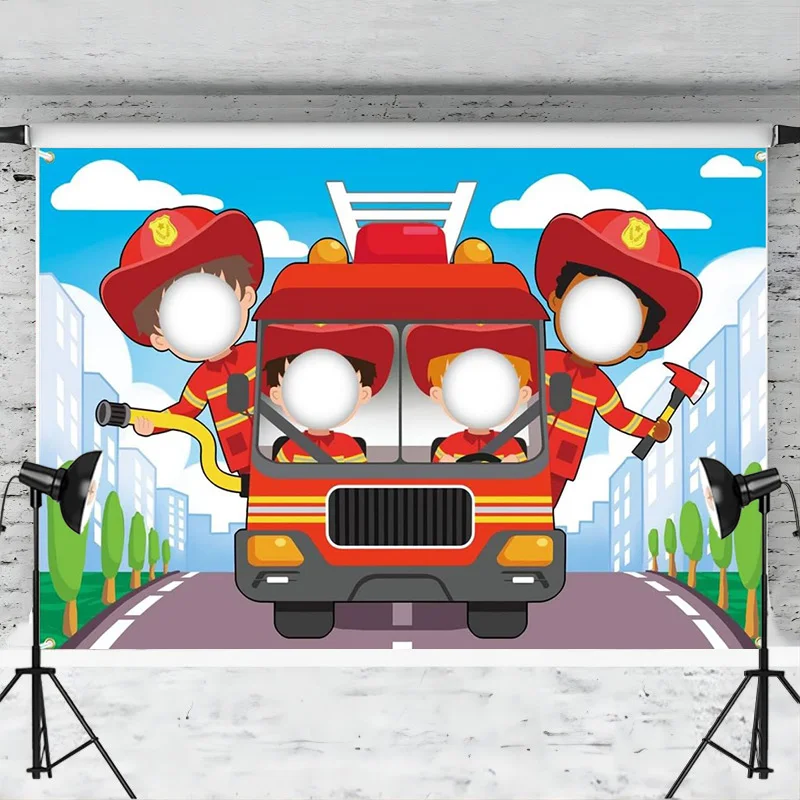 Cartoon Firetruck Backdrop Firefighter Face Cutout Fire Rescue Photography Background Little Fireman Birthday Party Decoration