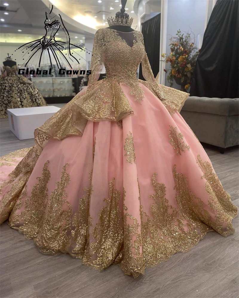 

Charming Pink Sweetheart Ball Gown Quinceanera Dress Beaded Birthday Party Gowns Sparkly Gold Sequined Prom Dresses Vestido 15