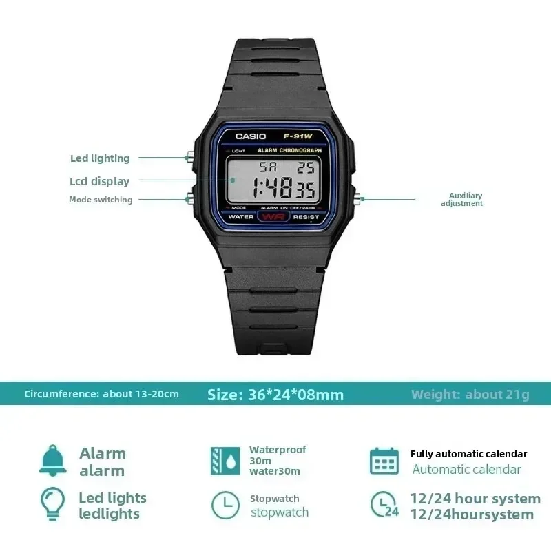 Casio F-91W-1 Retro Digital Watch 38.2mm Square Case 30M WR LED Light 1/100 Stopwatch Alarm 7-Year Battery Unisex