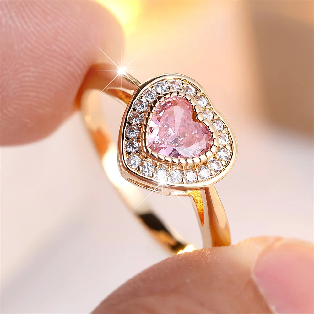 Elegante Liebe Herz Zirkon Rosa Kristall Ringe Für Frauen Vintage Gold Farbe Verlobung Bands Hochzeit Schmuck Braut Geburtstag Geschenke