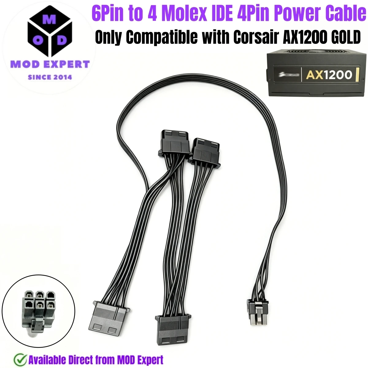 Cable de Alimentación Periférico PATA de 6 Pines a 4x IDE de 4 Pines para Corsair AX1200 GOLD Modular, 50+15+15+15 CM, Cable de Cobre Estañado de 18AWG