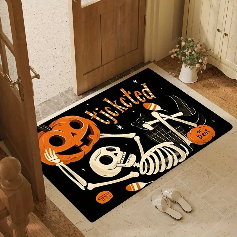 VIKAMA Halloween Skeleton Pumpkin Door Mat Trick Or Treat Non Slip Floor Mat Entrance Doormat Home Front Door Decor Carpet