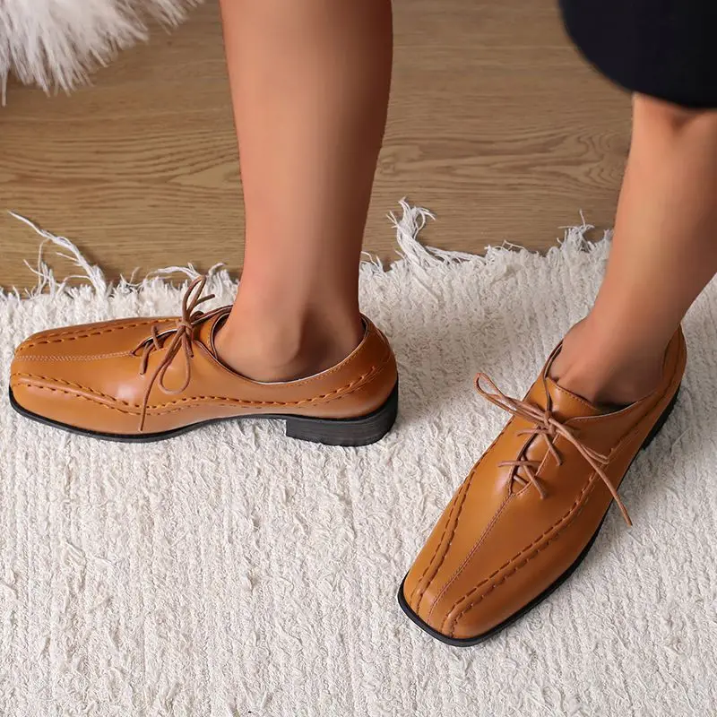 ORCHA LISA British Style Women Pumps Square Toe Block Heels 3.5cm Lace Up Big Size 46 47 48 Retro Leisure Daily Shoes for Female