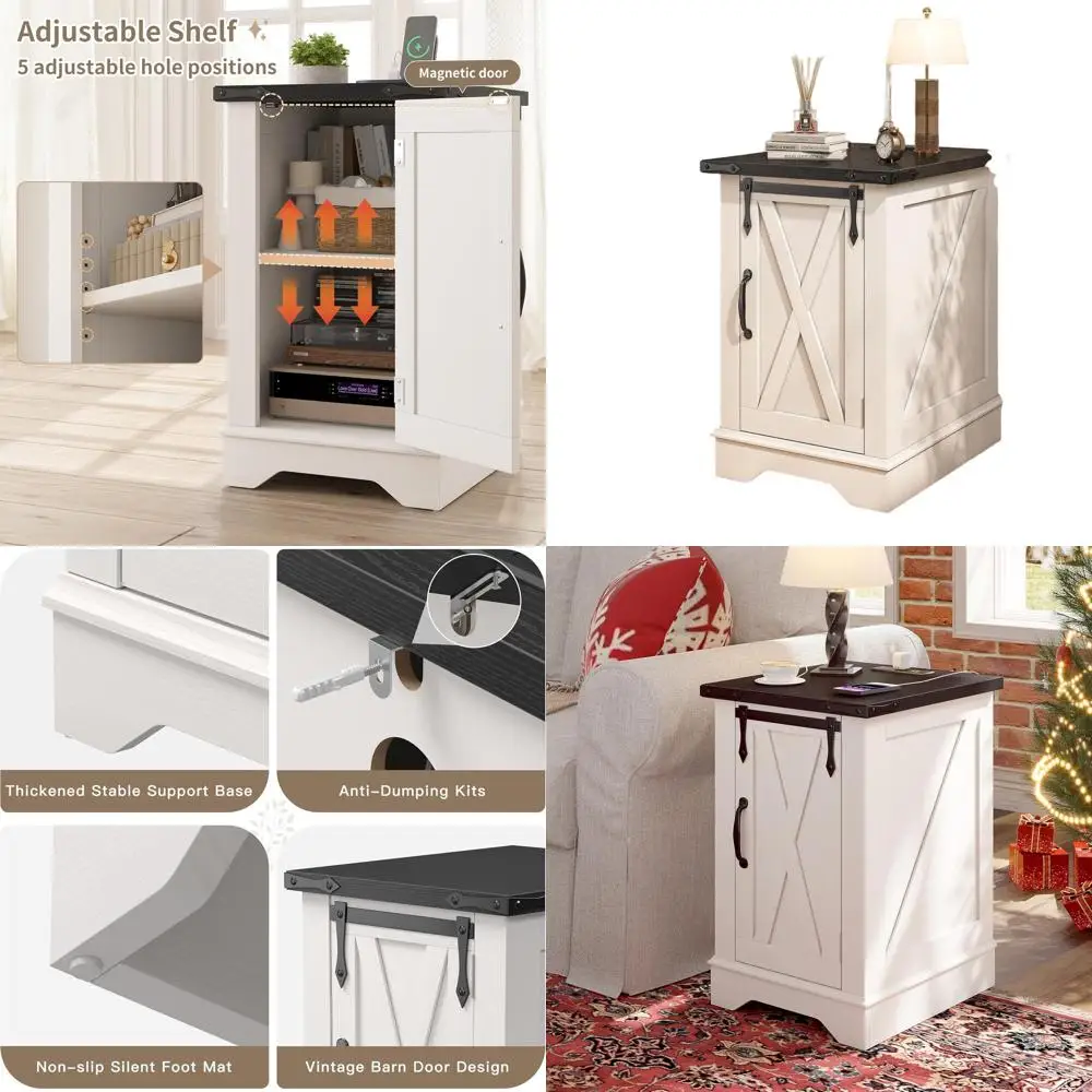

25 Farmhouse Style End Table with Barn Door & Adjustable Shelf, Antique White for Bedroom, Living Room, Hallway