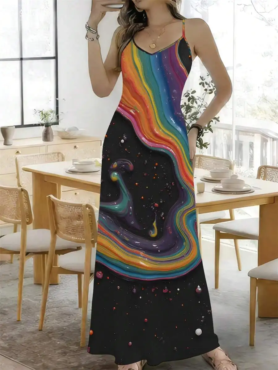 

Womens Spaghetti Strap V Neck Maxi Dress Colorful Fluid Starry Sky Print Loose Fit Summer Beach Party Dress
