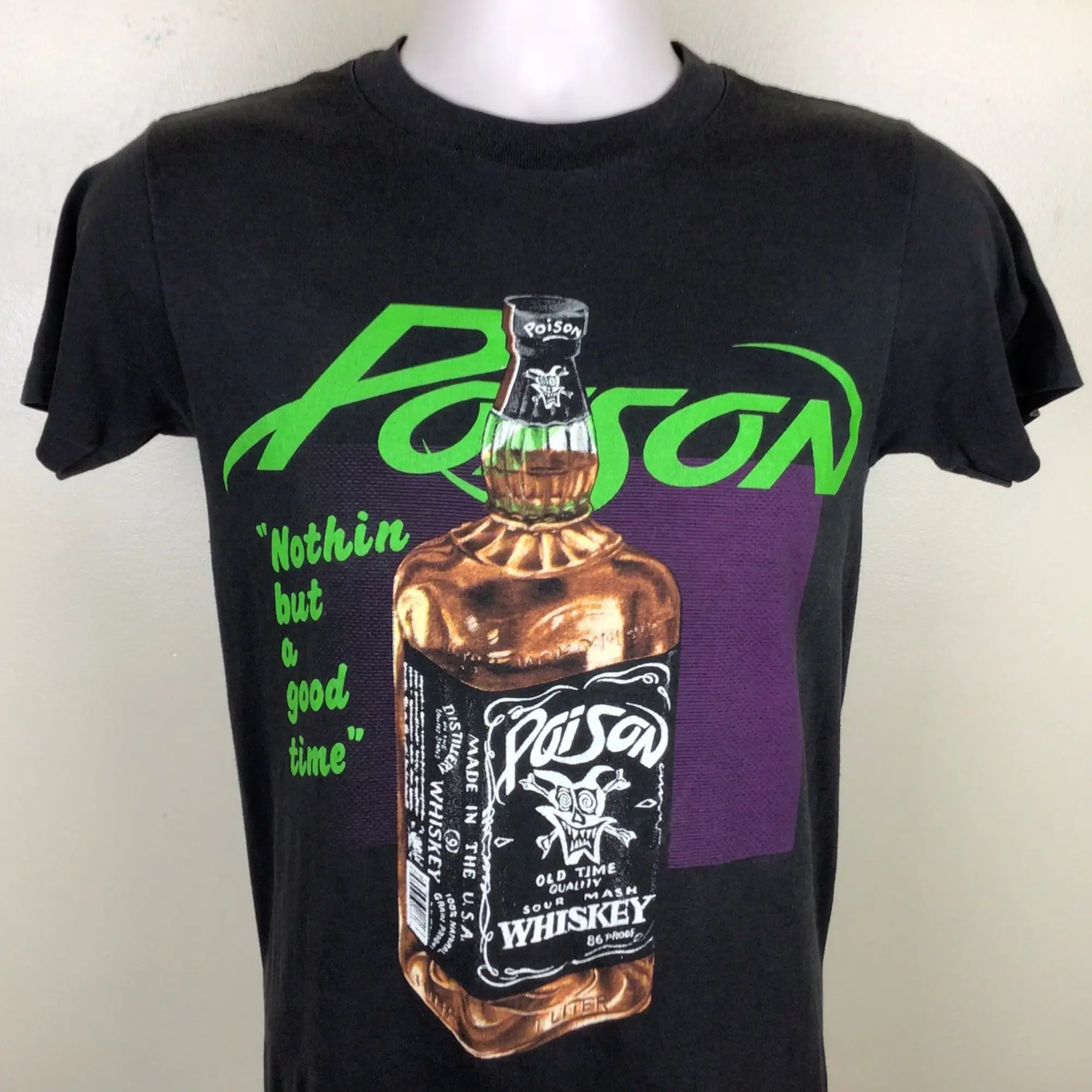 Vtg 1989 Poison Nothin But A Good Time TShirt Black M 80s Glam Heavy Metal Hard Rock Band Whiskey Bottle