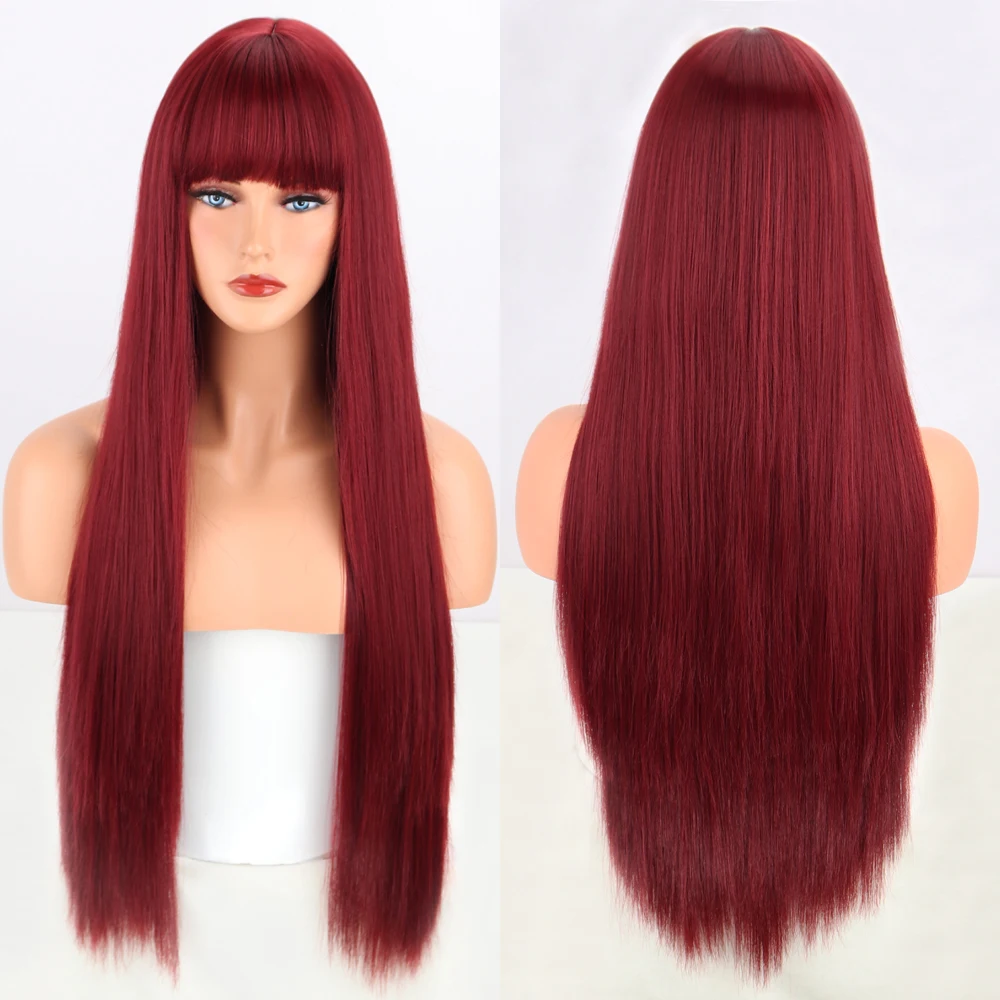 Long Wine Red Straight Synthetic Wig With Bangs for Black Women Party Cosplay Hair Wigs Heat Resistant