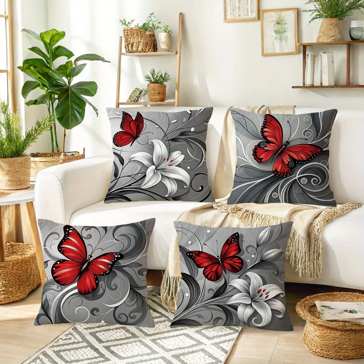 Butterflies White Lilies Patterned Double-sided Printed pillow cover Short plush Suitable living rooms sofas throw cushion cover