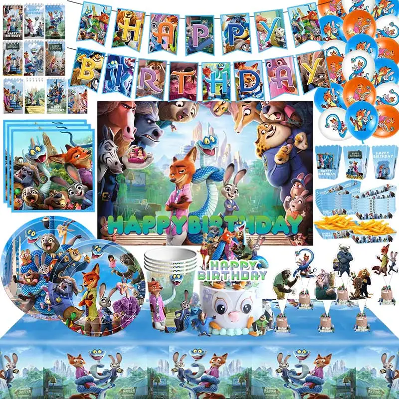 Zootopia 2 Nick Judy décoration de fête d'anniversaire vaisselle assiettes tasses ballon bannière toile de fond sac cadeau autocollant fournitures de fête pour enfants