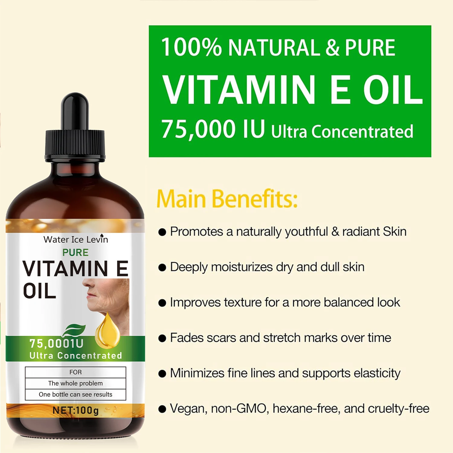 100ml Natural Vitamin E Essential Oil, Used for Massage, Skin Care, Gua Sha, Showering, Facial, Body, Nail, Hair, and Eyelash Care, Versatile - view 3