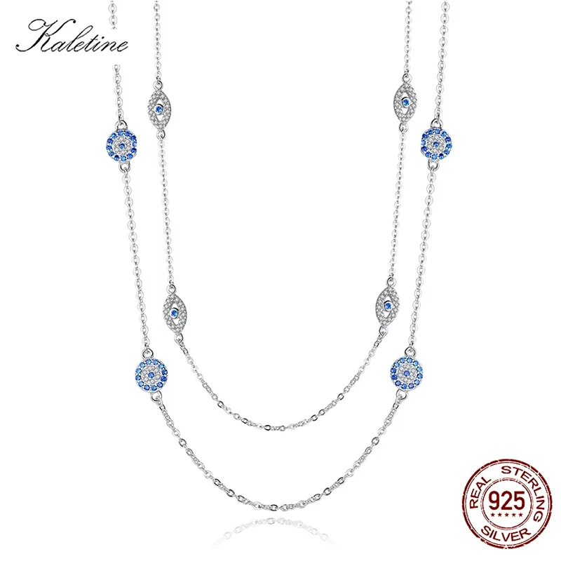 KALETINE 925 Sterling Silver Necklace Women Round Pendant Evil Eye Necklaces Blue Zircon Long Link Chain Turkey Jewelry 2020