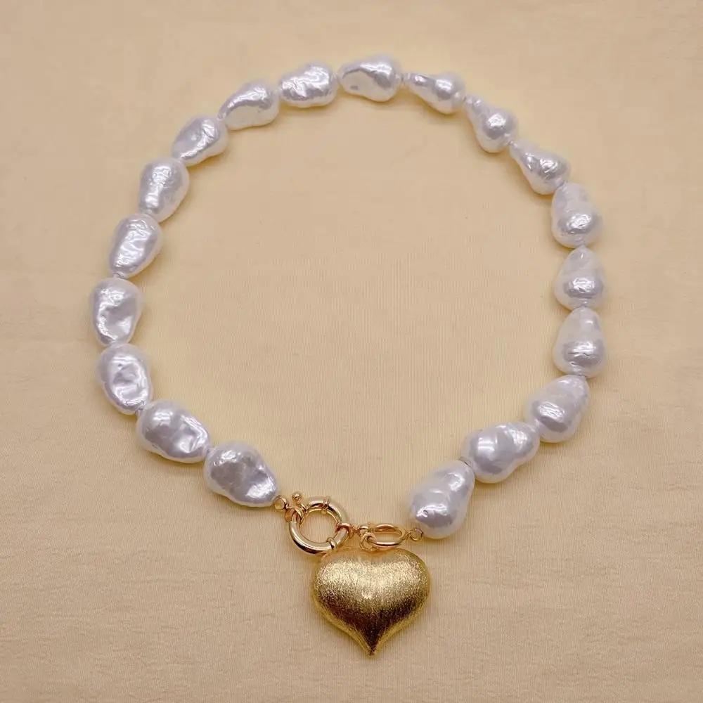 KKGEM 15x22mm White Sea Shell Baroque Necklace 30x26mm Brushed Heart Pendant