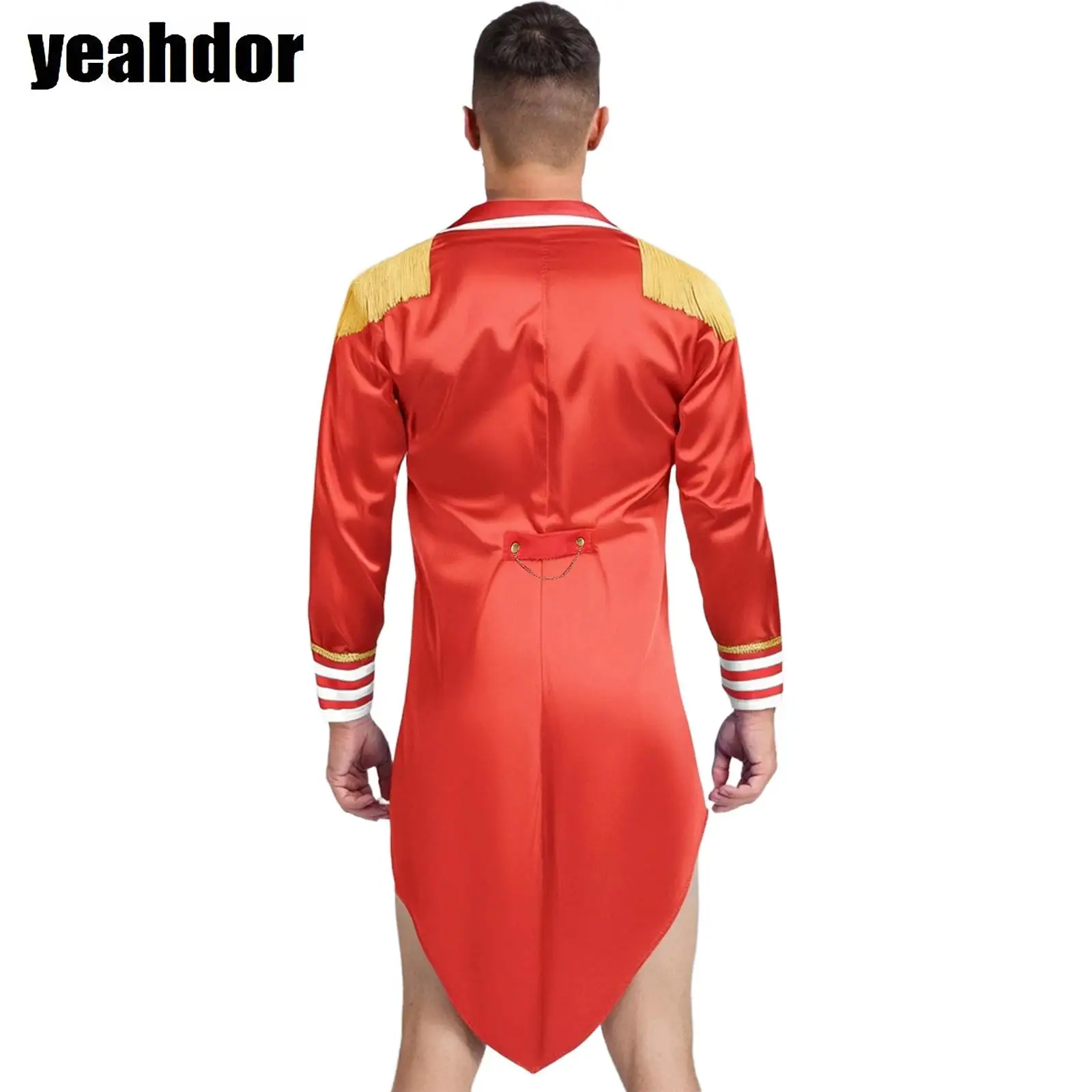 

Men Circus Ringmaster Costume Halloween Lion Tamer Tailcoat Lapel Collar Long Sleeves Tassel Epaulets Satin Jacket Tail Coats