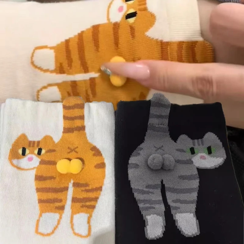 الكرتون لطيف القط كرات الجوارب القطنية Kawaii تنفس الحياكة الجوارب للنساء الفتيات الأوسط أنبوب النوم جورب القط طباعة الطابق جورب #3