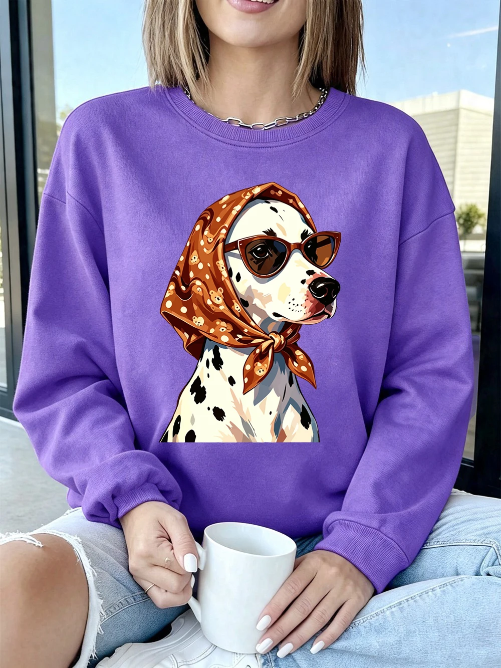Braunes Kopftuch, Sonnenbrille, Hundemotive, Sweatshirt, Damen-Sweatshirt mit Rundhalsausschnitt, Basics-Hoodies, lockerer, warmer Fleece-Pullover, Herbstkleidung für Damen – Detail 16