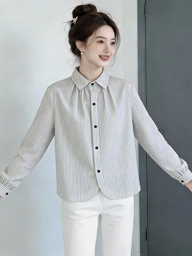New 2026 Polo Stripe Single Button Shirt Women Spring Fall Temperament Cropped Long Sleeve Small Frame Top