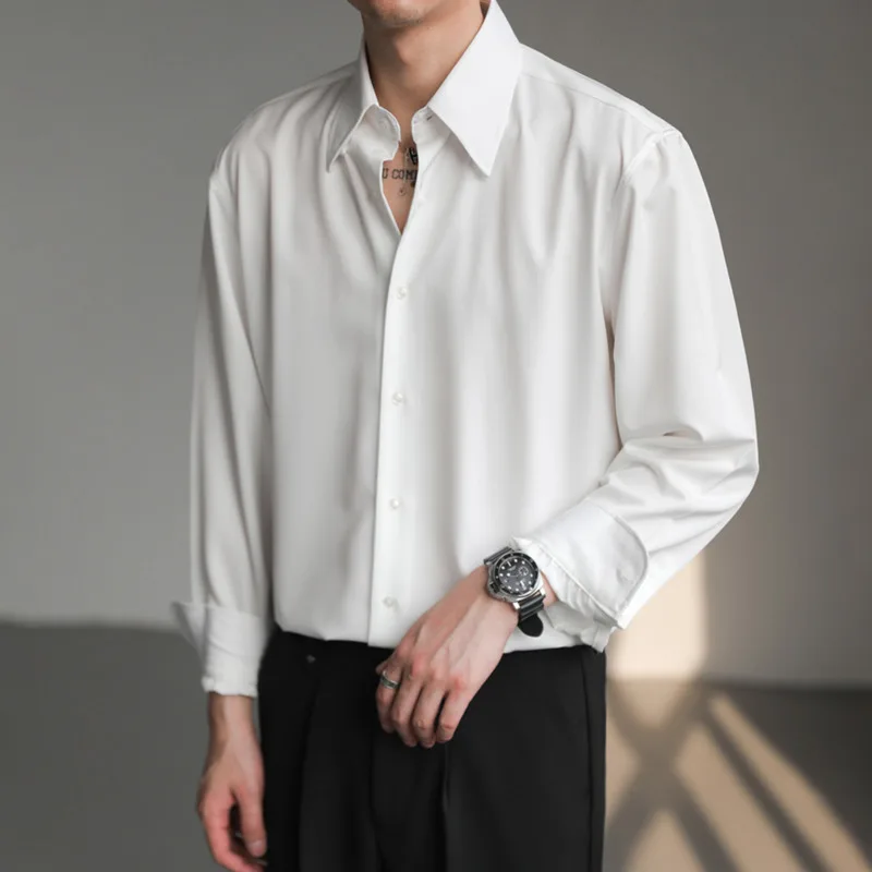 Black White Shirt Men Fashion Social Mens Dress Shirt Korean Loose Long Sleeved Shirt Mens Office Formal Shirts Ice Silk M-2XL