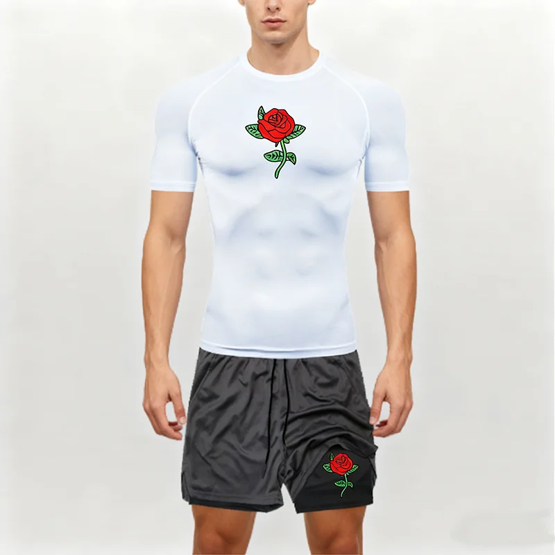 Новинка 2025 года, мужская рубашка для спортзала, спортивная футболка для бега, быстросохнущие шорты 2-в-1 с короткими рукавами, летние, спортивный комплект для фитнеса и бега