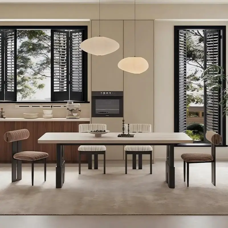 Travertine rock slab dining table and chair combination household small apartment simple rectangular dining table