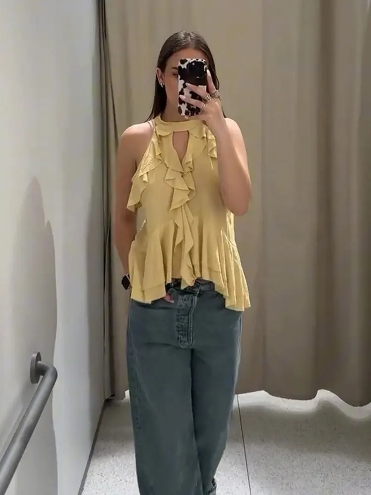 HH femmes élégant jaune à volants licou hauts épaules dénudées sans manches dos à lacets gilets hauts 2025 été décontracté vêtements de vacances