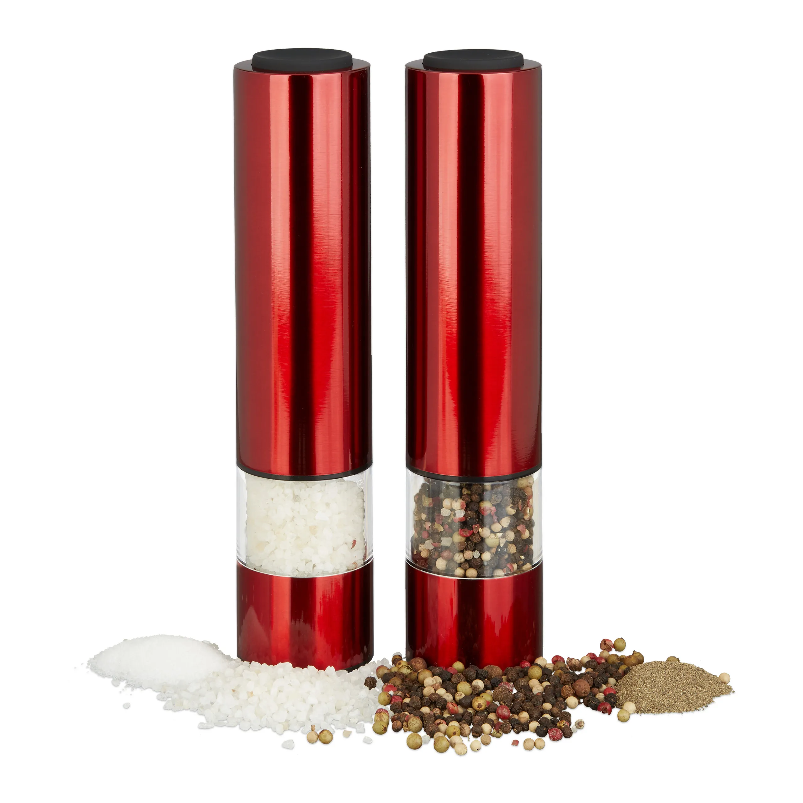 Set da 2 macinacaffè elettrici con luce a LED, in acciaio inossidabile e con macina in ceramica, alimentati a batteria, per macinare pepe, colore rosso, marca Relaxdays.