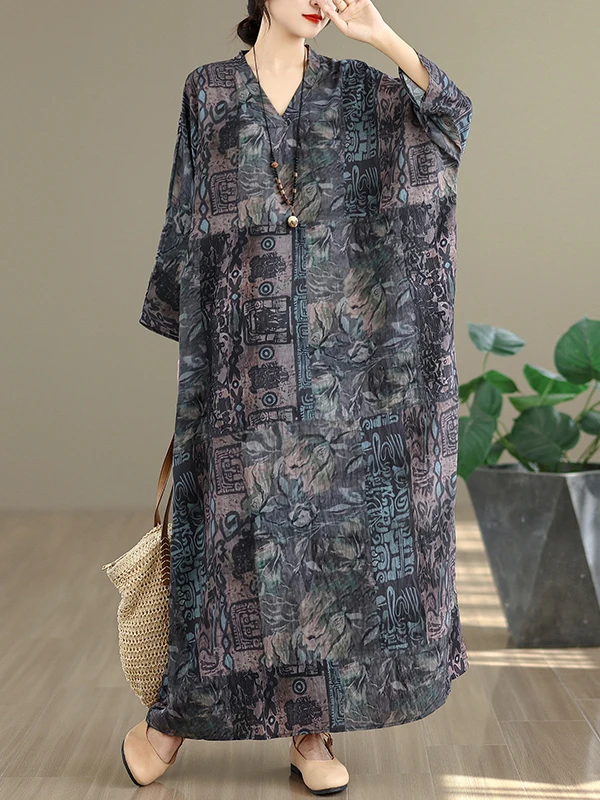 Retro V-ne Baumwolle Leinen Dr Blumendruck Urlaub Sle Reise Langer Rock Damenbekleidung Lose Taille H-pe Herbst Frühling