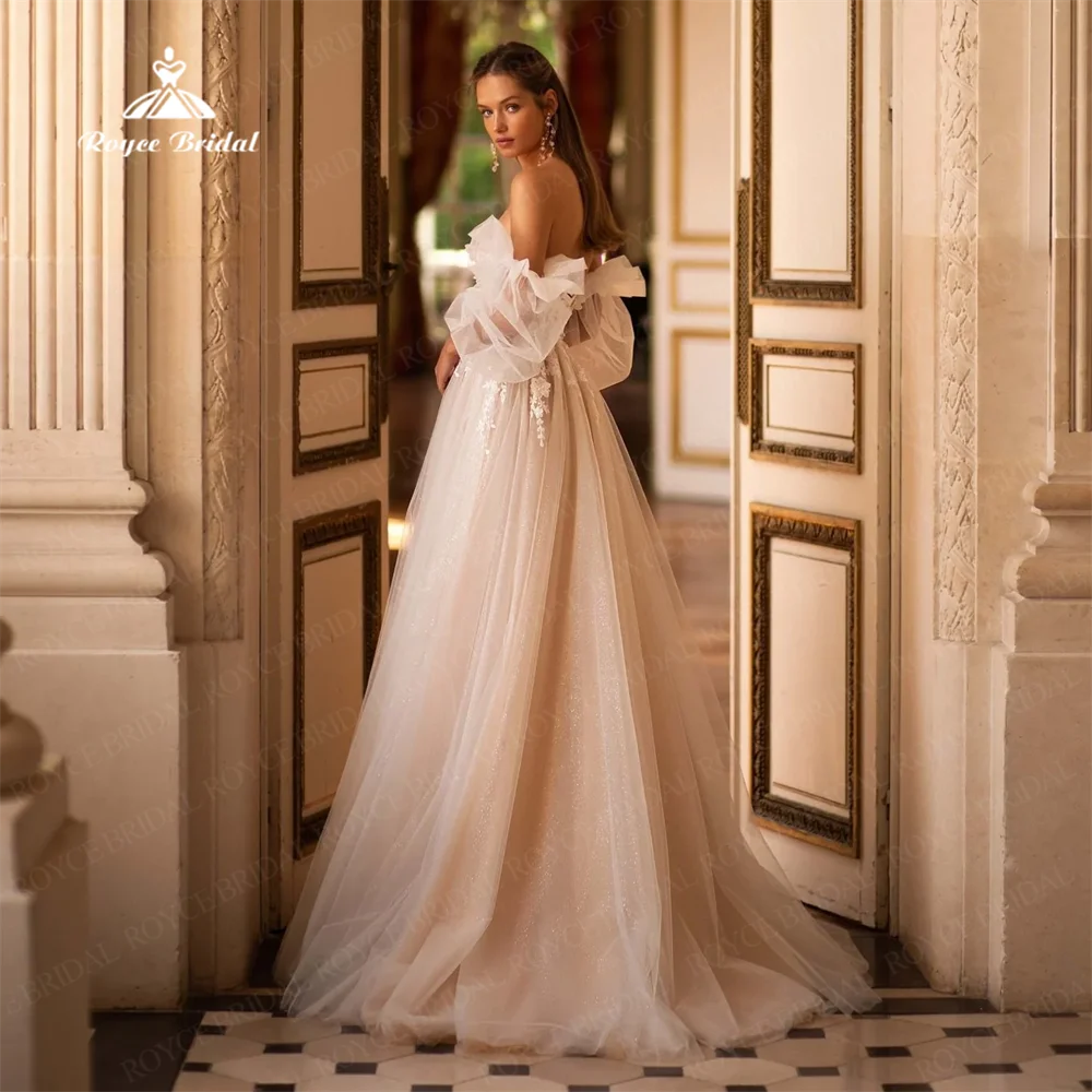 Robe de Mariée Trapèze Plissée en Tulle, Tenue Personnalisée avec Dentelle Florale, Manches Perfectes, pour Patients, Peu importe