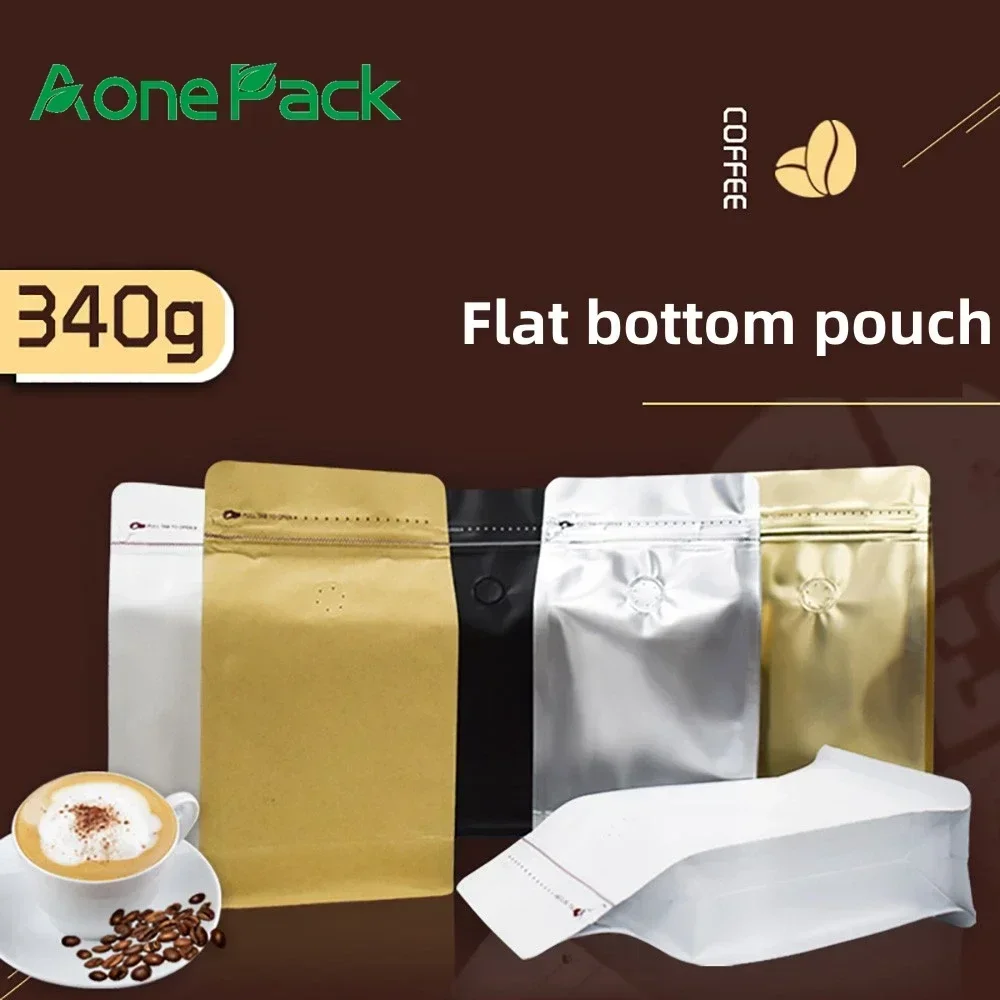 100PCS Plastic Box Bootom Packing Bag 340g Aluminum Foil Matte Zipper Free standing 12OZ Coffee Bags With Valve