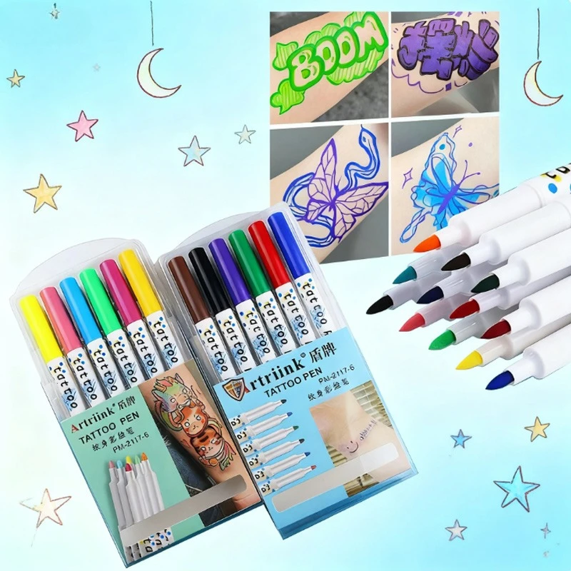 6color Human Body Paint Pen Washable Environmental Protection Formula for Halloween Activity Human Body Graffiti Art Creation