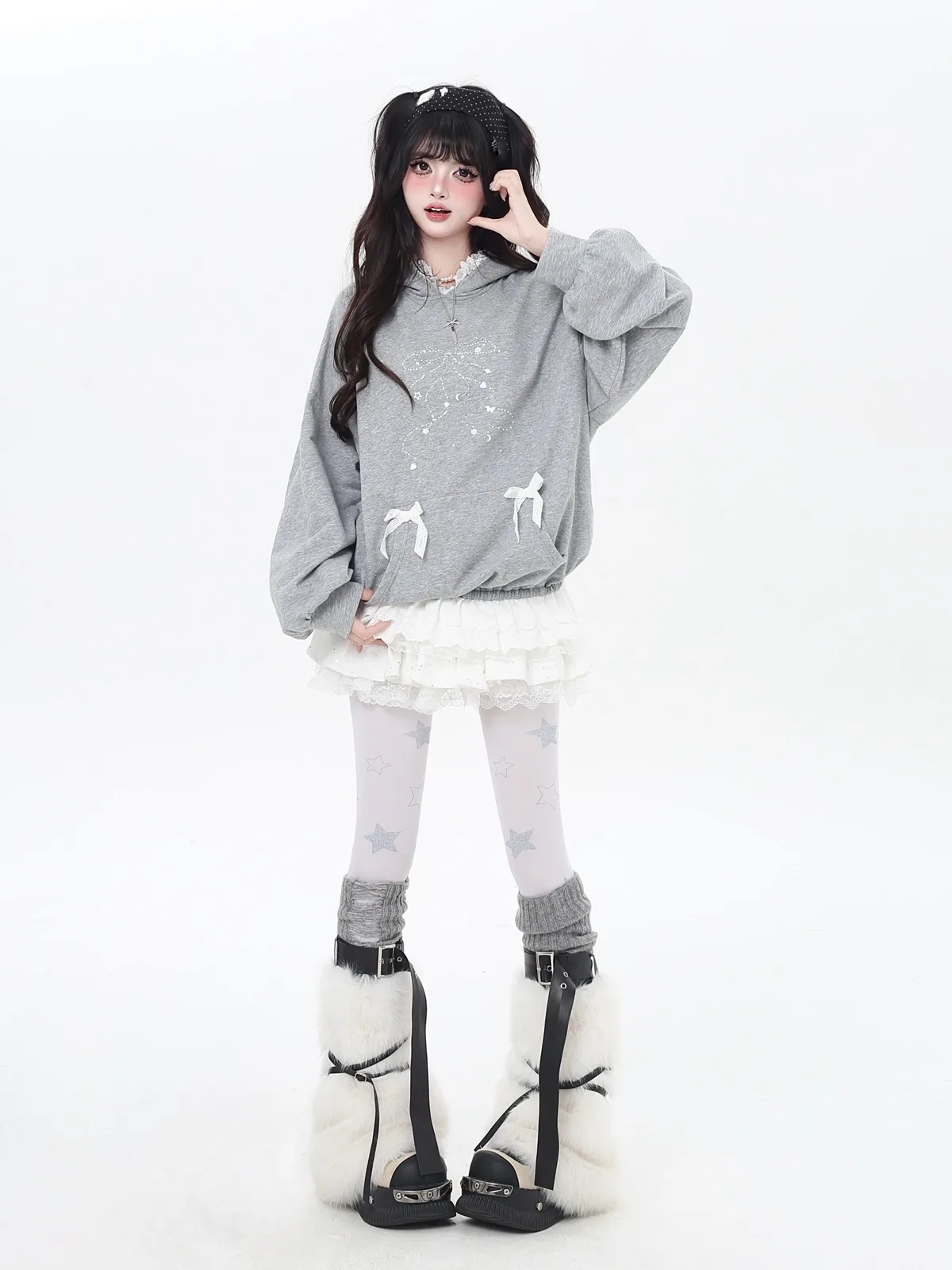 Fashion Street Sweet Cool Girl Rhinestone Bow Lace Patchwork Hoodies Long Sleeve Loose Casual Versatile Short Sweatshirts Women