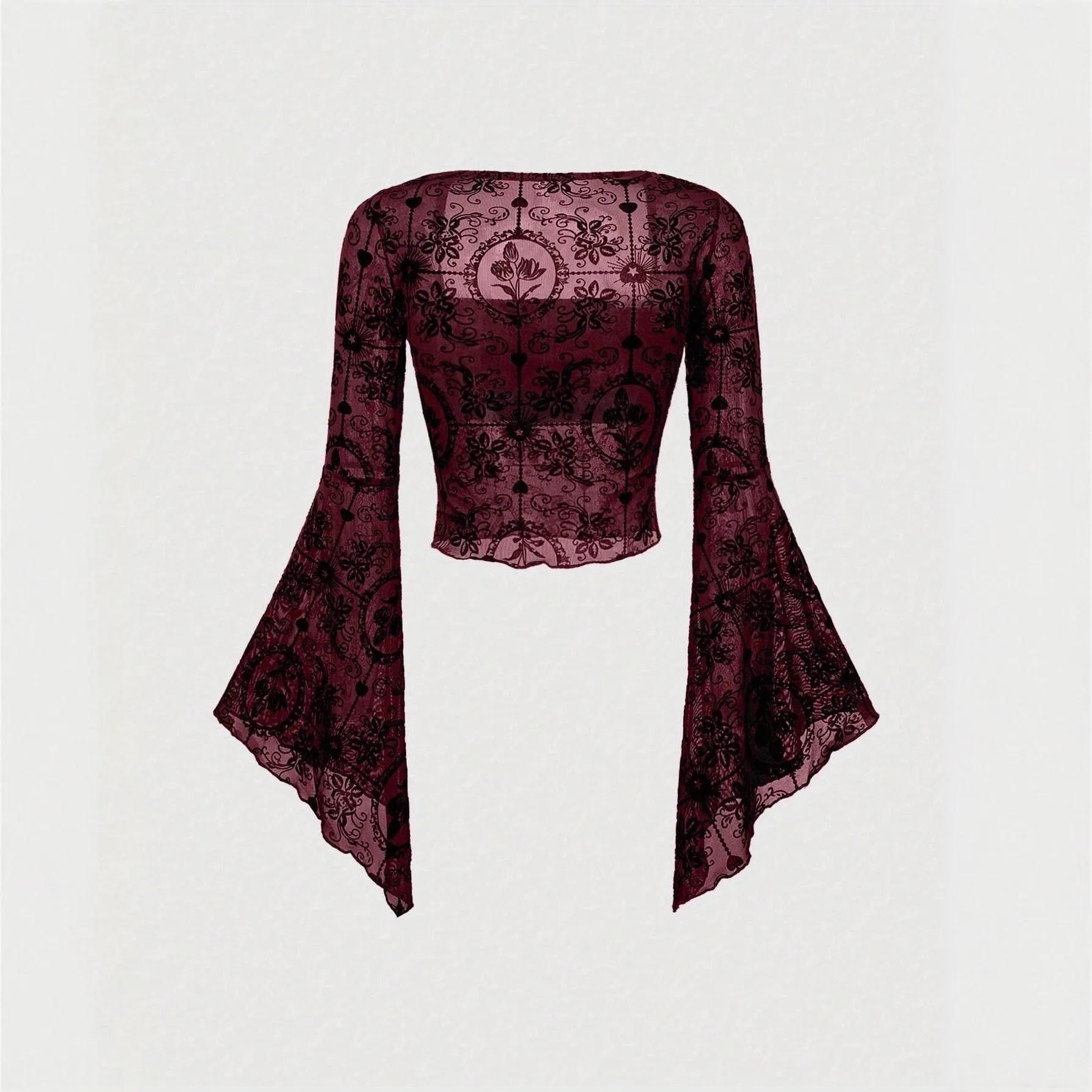 Women's Lace Mesh Floral Flocked Slim Fit Crop Blouse with Bell Sleeves U Neck Pullover T-shirt Style Women's Shirt Sheer Mesh
