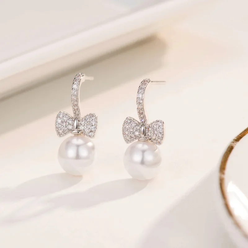 925 sterling silver Bowknot zircon Stud Earrings for Women Wedding Fashion Jewelry Pearl Earrings Valentine's Day Gift