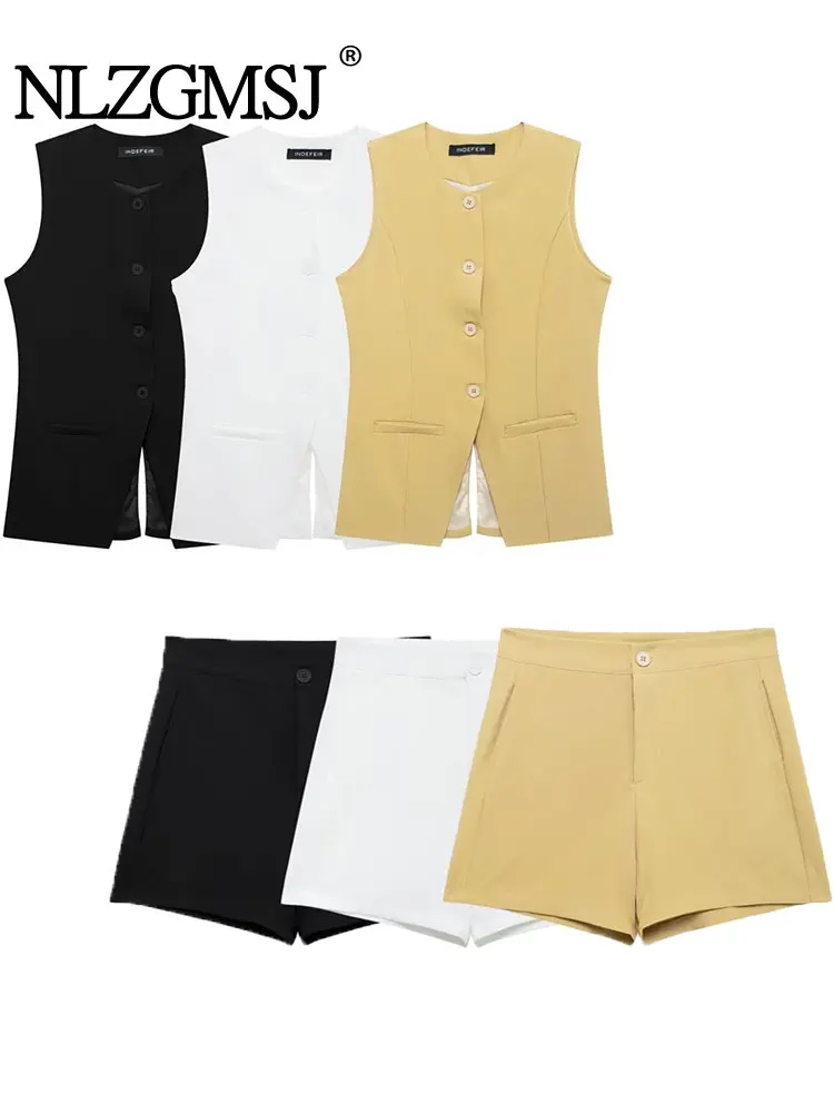 TRAF 2024 Summer Women Waistcoat Suits Sleeveless Irregular Slim Vest Office Female High Waist Shorts 2 Piece Sets Y2K 