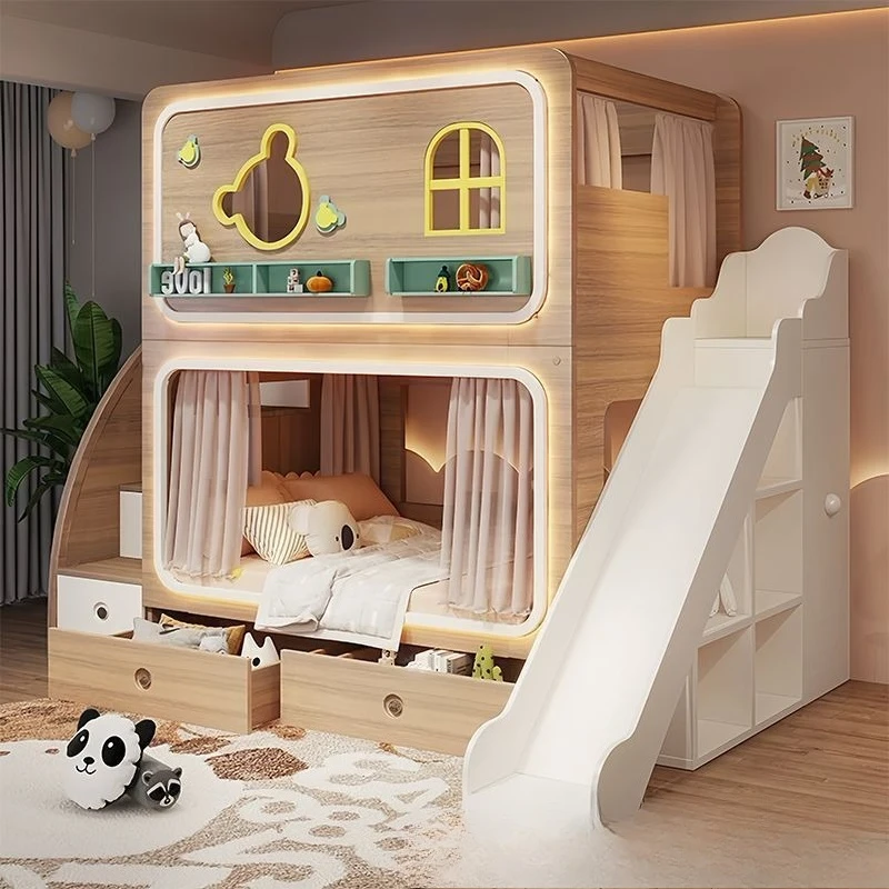 Log color upper and lower beds, simple high and low beds, modern cabinets with ladders, mother and child bed slides, bunk beds