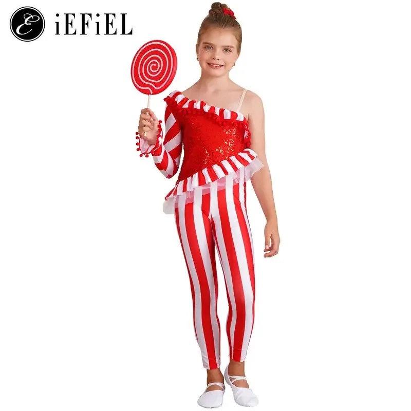 

Kids Girls Candy Cane Christmas Dance Bodysuit Jumpsuit Unitard One Shoulder Xmas Holiday Santa Sweetie Costume Dancewear