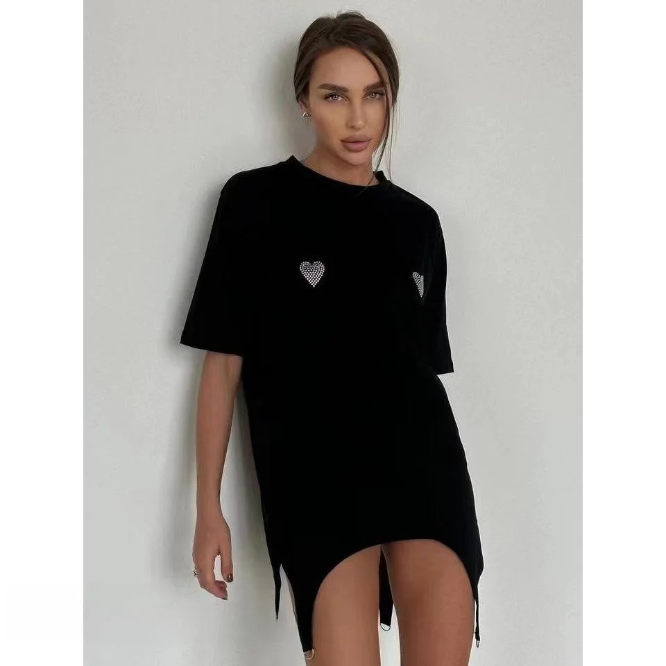 

ort Sve Футболка средней длины Diamond Hotfix Женская свободная посадка круглого цвета Ne Pure Color Повседневный топ Женская мода