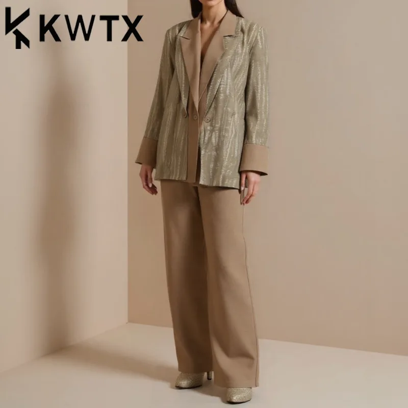 

KWTX 2025 Spring Summer Women’s Casual Color Block Two-Piece Set Elegant Three-Button Faux Pantsuit Luxury Designer Outfit