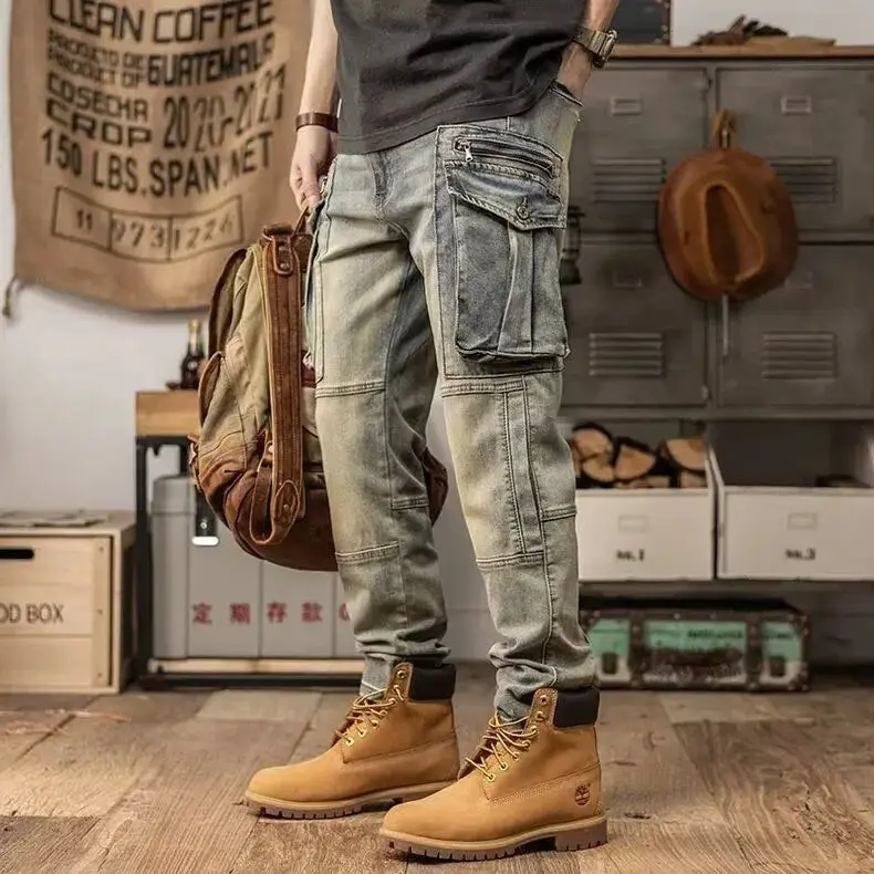 

Wear resistant retro motorcycle workwear jeans for men elastic slim fit trendy brand straight tapered casual pants