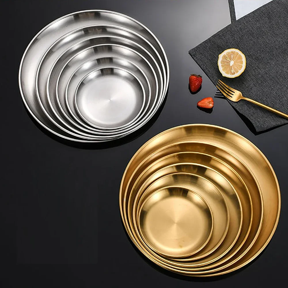 1Pcs Gold Stainless Steels Metal Round Plate Rust-Proof Shallow Tray Plate Camping Plate BBQ Picnic Dishes Cookware Tableware