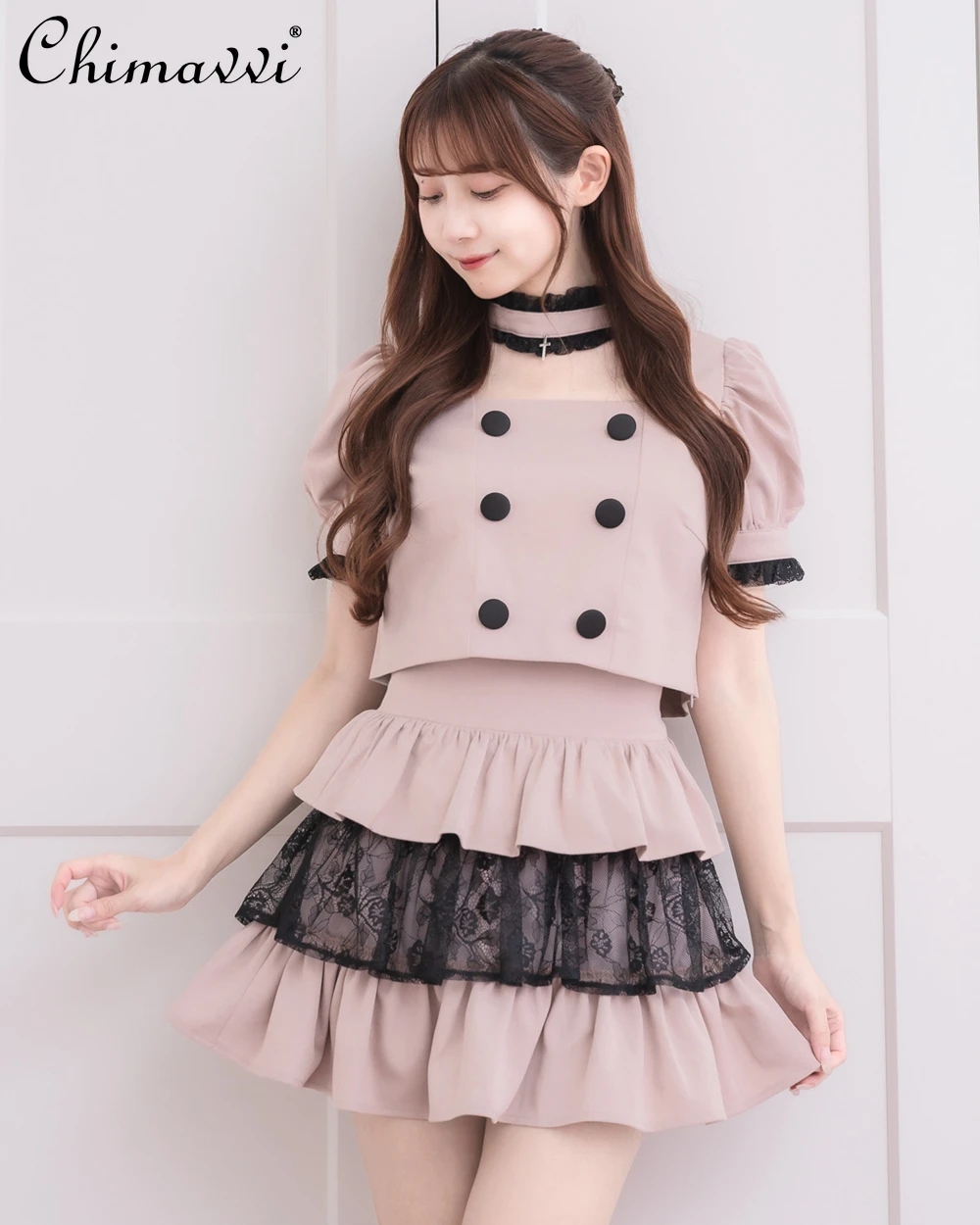 

Новый японский милый колье с кружевной отделкой и крестообразной подвеской, топ с короткими рукавами + юбка с высокой талией, комплект из двух предметов, милый комплект в стиле Лолиты для девочек