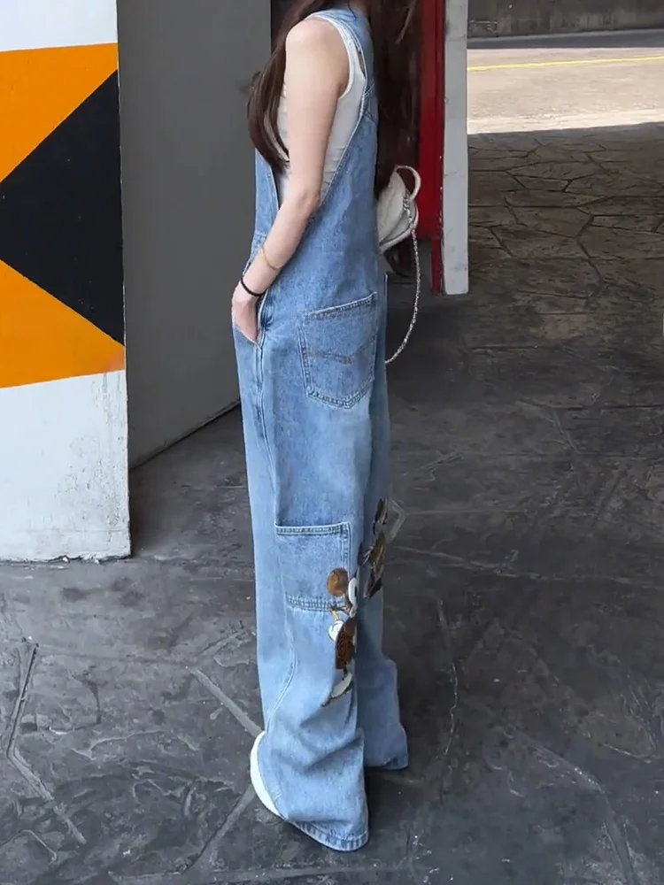 Lockere Denim-Overalls mit hoher Taille, Damen-Design, Cartoon-Druck, bodenlang, entspanntes Gefühl, Jeanshose für lässige Streetwear