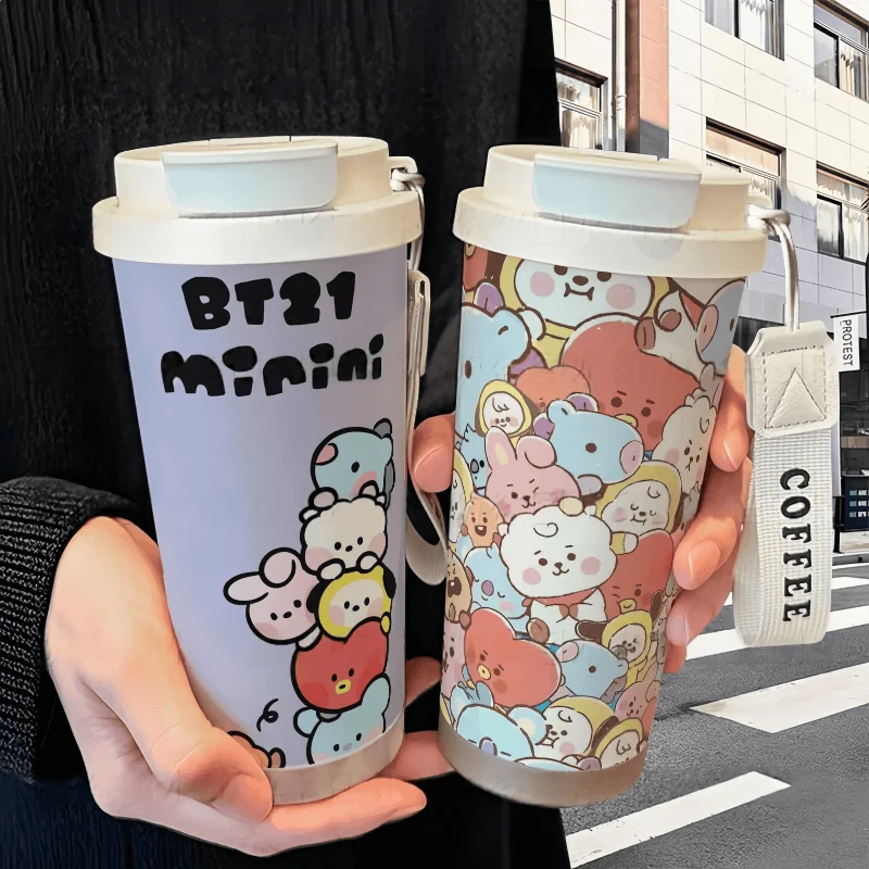 520Ml Bt21 Stainless Steel Insulated Cup Kawaii TATA CHIMMY COOKY Outdoor Sports Portable Double Layer Large Capacity Water Cup