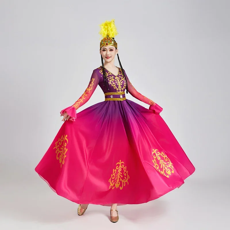 أداء الرقص على الطراز العرقي فستان كبير بدلة رجالية أزياء رقص شينجيانغ الجديدة للمهرجانات الإناث البالغات افتتاح الرقص الأويغوري